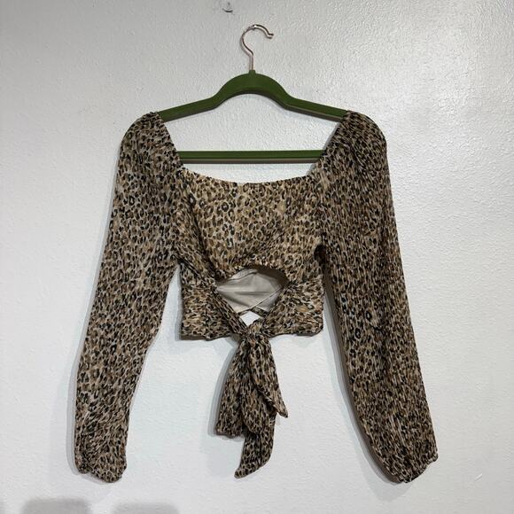 Japna Leopard Print Cropped Tie Back Long Sleeve Blouse Sz M - Picture 7 of 9